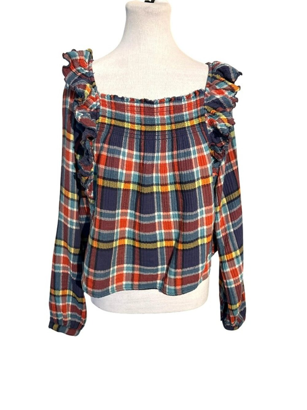 Free People We The Free Siena Gauzy Plaid Smocked Ruffle Long Sleeve Top XS